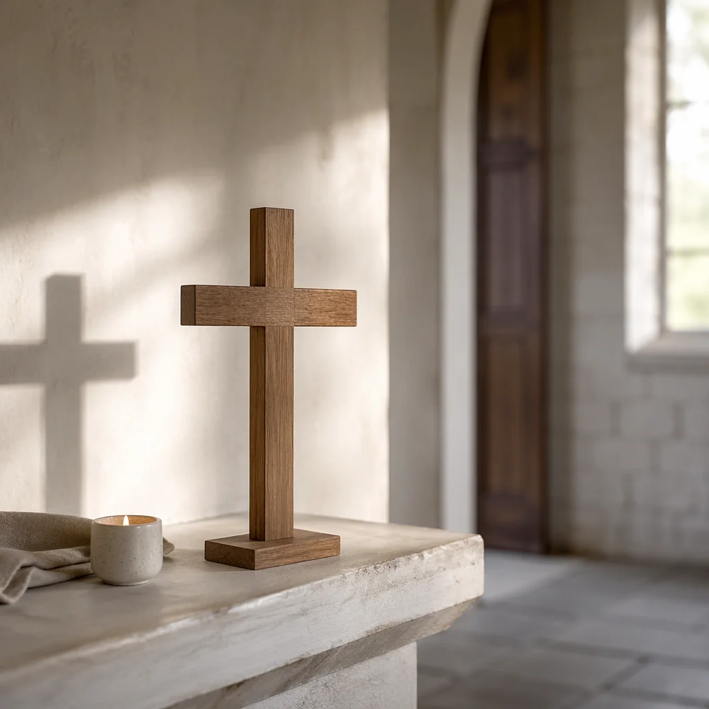 Minimal Wooden Cross on Chapel Shelf