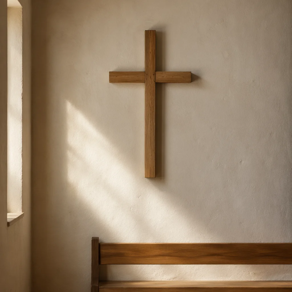 Minimal Wooden Cross on White Chapel Wall