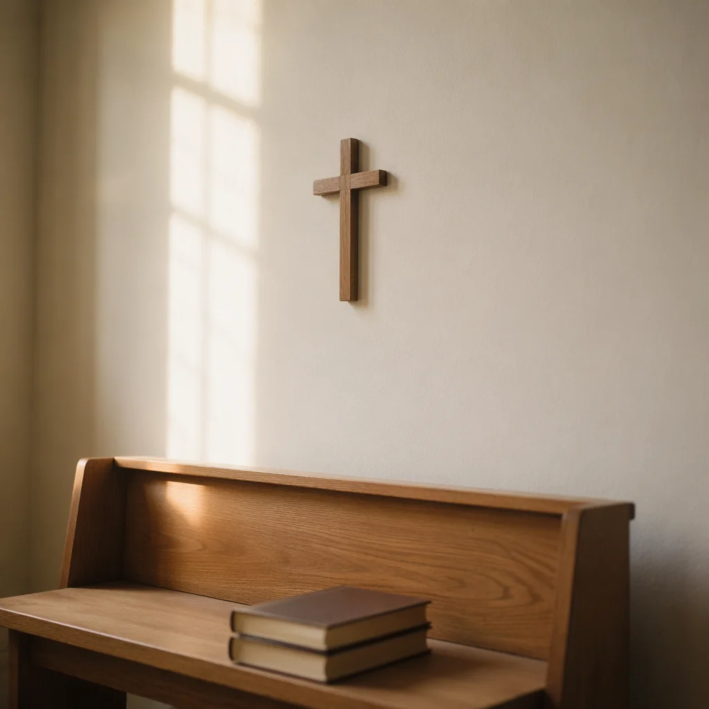 Minimal Wooden Cross in Quiet Chapel Corner