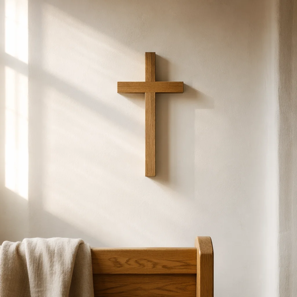 Minimal Wooden Cross on Chapel Wall