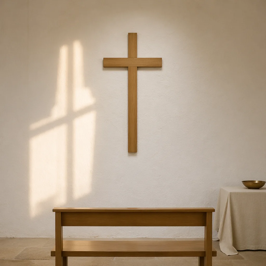 Minimal Wooden Cross on Chapel Wall