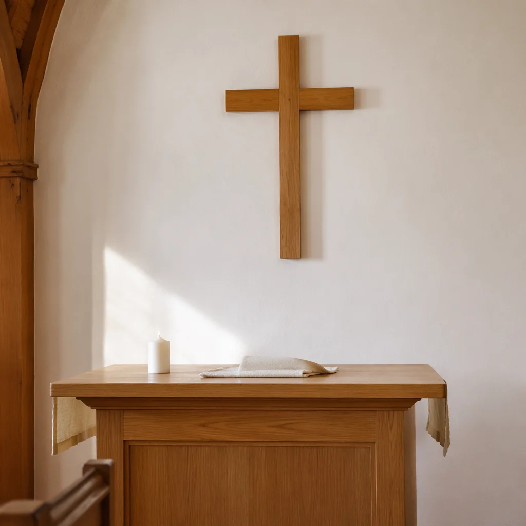 Minimal Wooden Cross in Quiet Chapel