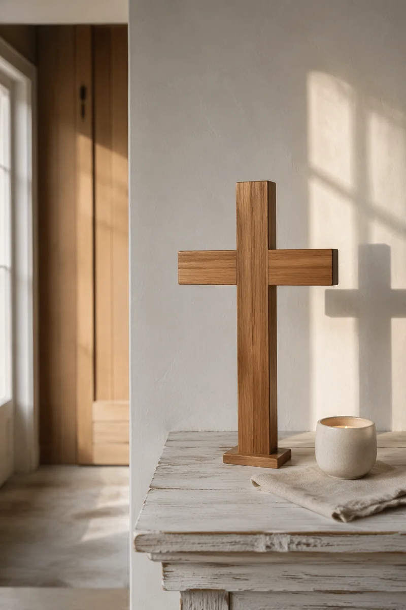 Minimalist Wooden Cross in Chapel Foyer