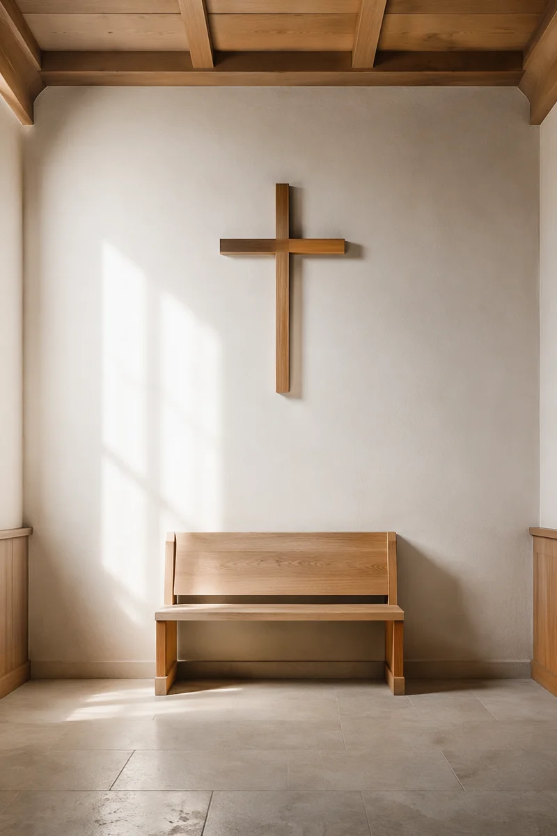 Minimal Wooden Cross in Quiet Chapel