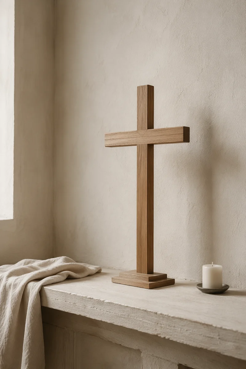 Minimal Wooden Cross on Quiet Church Shelf