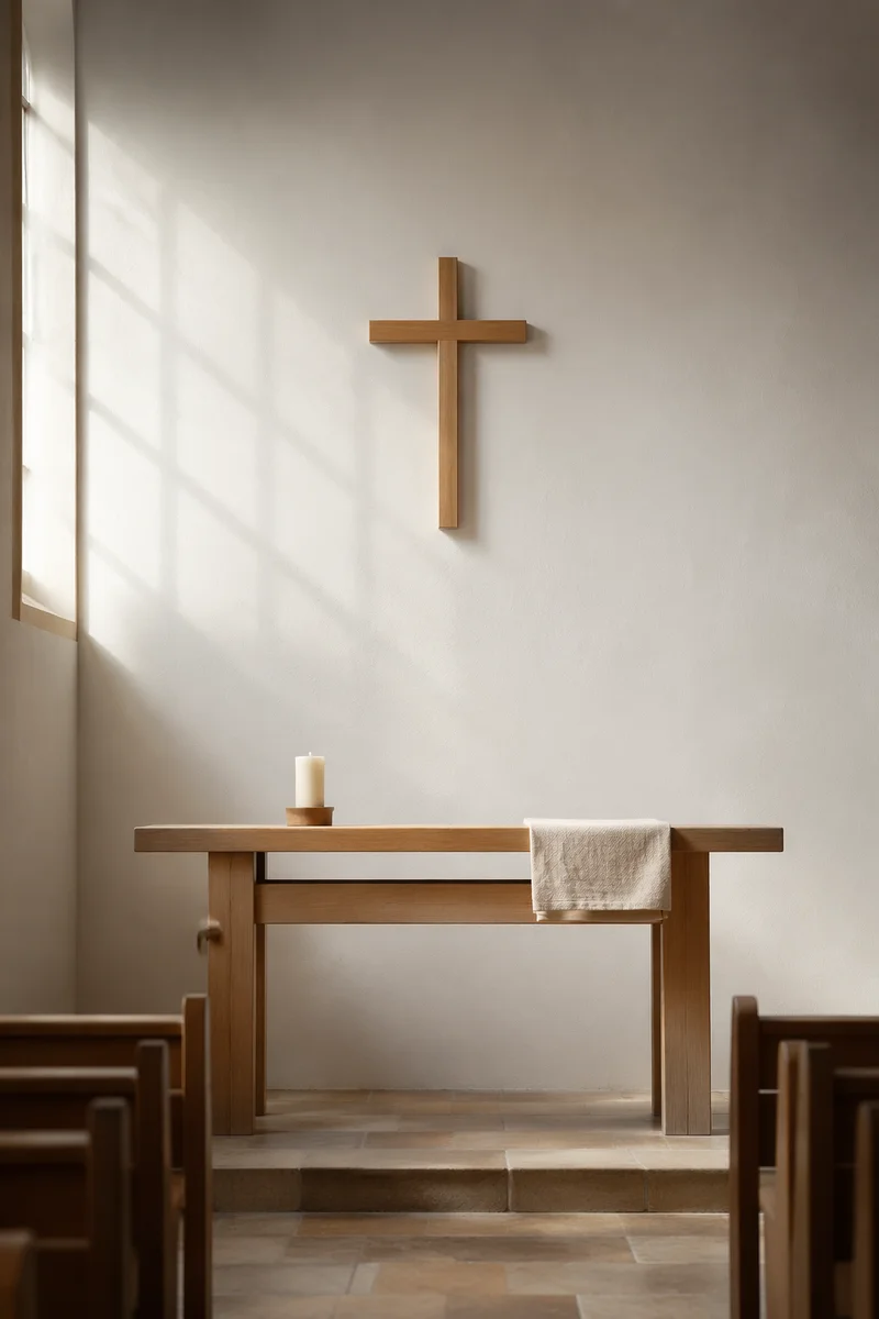 Minimalist Wooden Cross on Chapel Wall