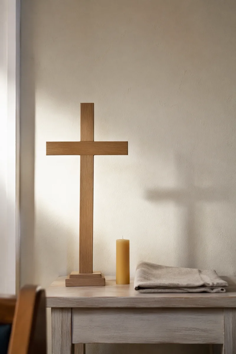 Minimal Wooden Cross in Quiet Chapel