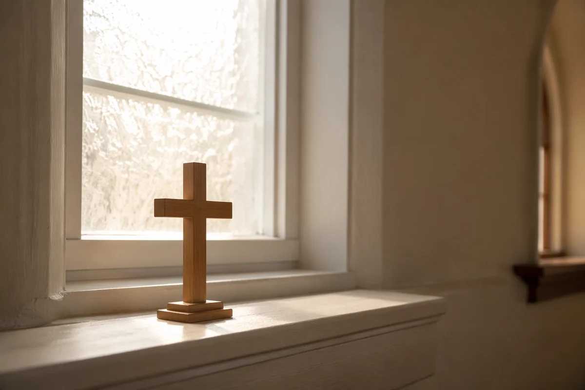 Minimal Wooden Cross on Chapel Windowsill