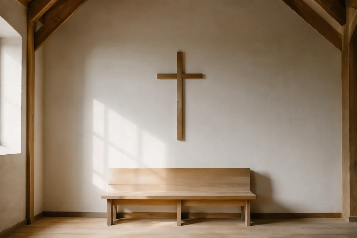 Minimal Wooden Cross in Quiet Chapel