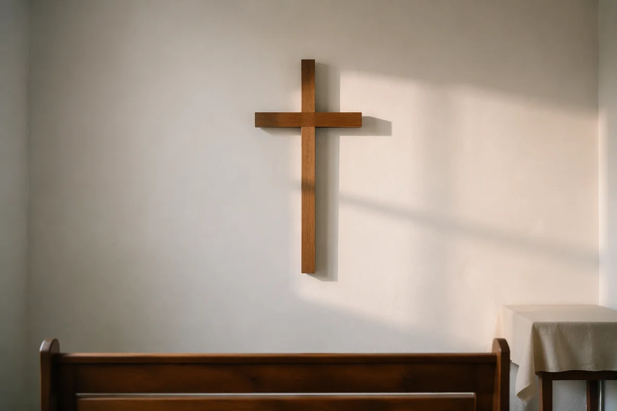 Minimal Wooden Cross on White Chapel Wall
