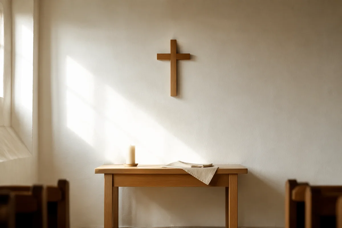 Minimal Wooden Cross on Chapel Wall