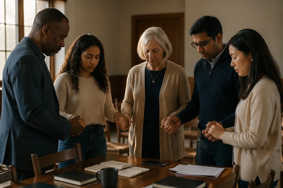 Five Ministry Leaders Praying Together Indoors