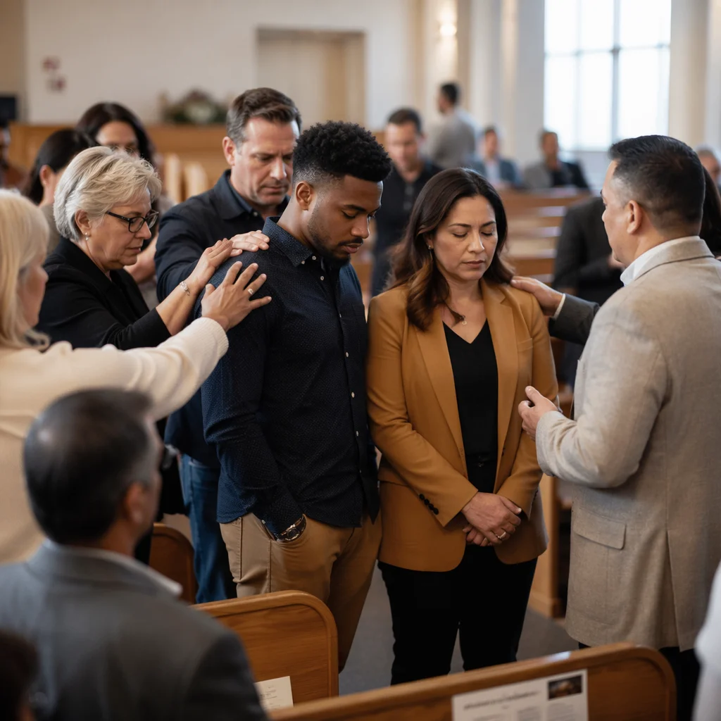 Congregation Praying Over Two Church Members