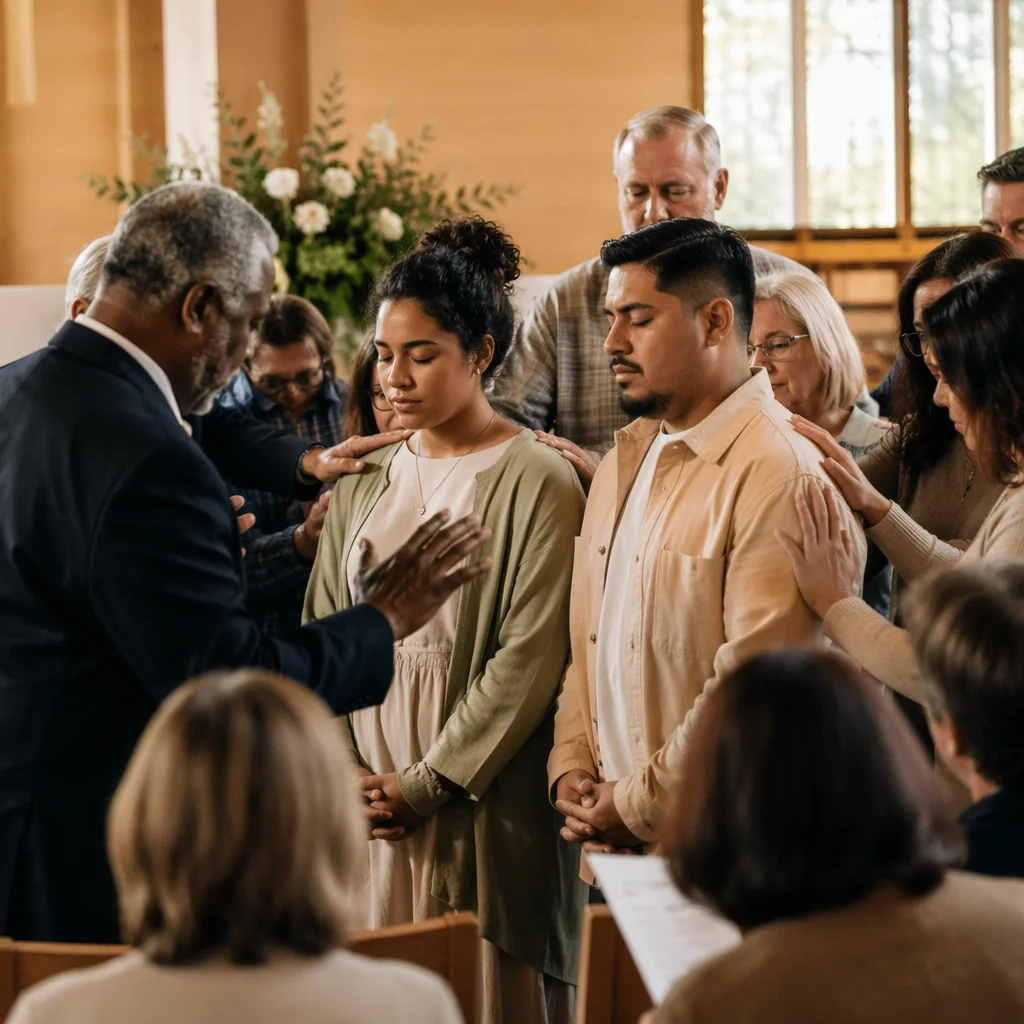 Congregation Praying Over Two Mission Workers