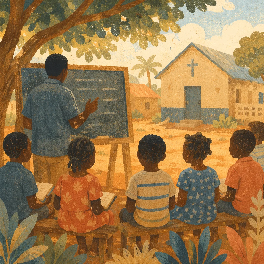 Mission Worker Teaching Children Near Rural Church