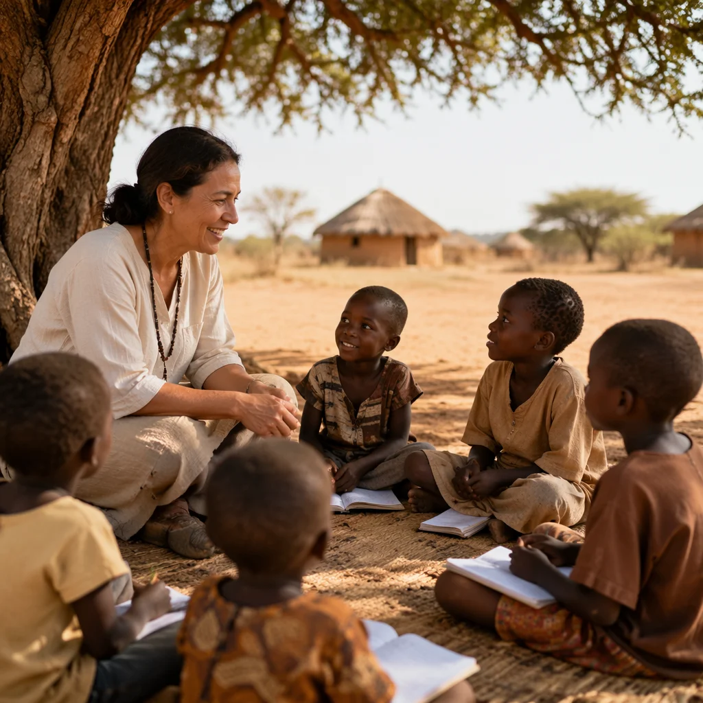 Mission Worker Teaching Children Under Acacia Tree