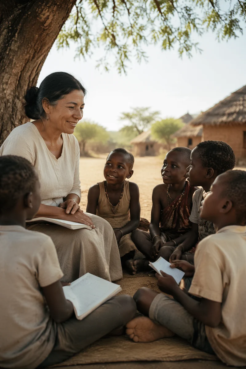 Woman Teaching Children Under Acacia Tree