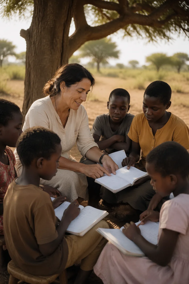 Woman Teaching Children Beneath Acacia Tree