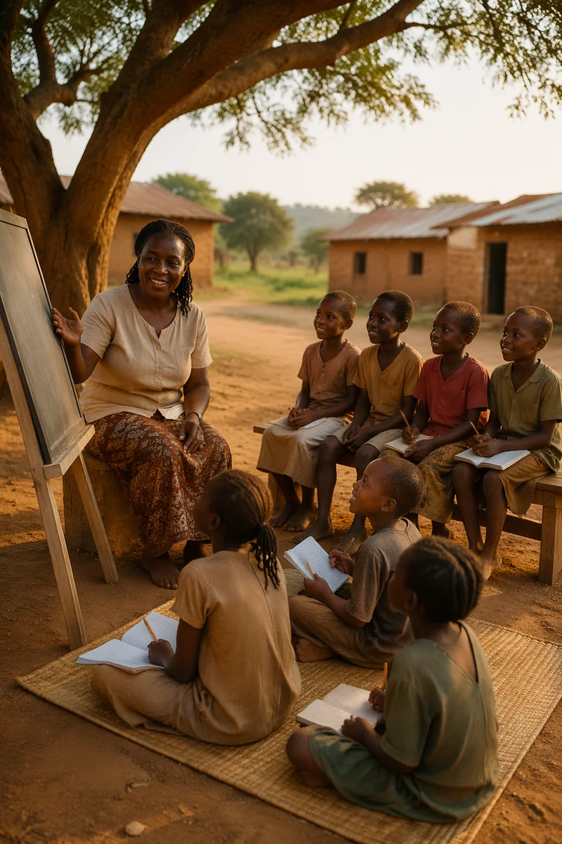 Woman Teaching Children Under Acacia Tree