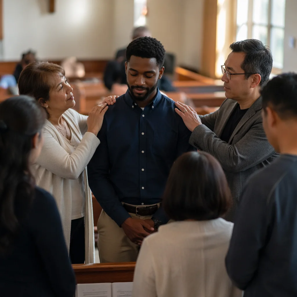 Prayer Circle in Bright Church Sanctuary