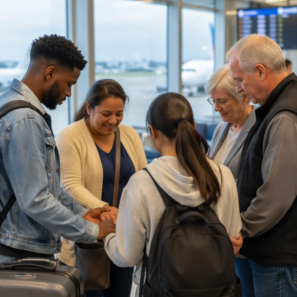 Mission Trip Team Praying at Airport Gate