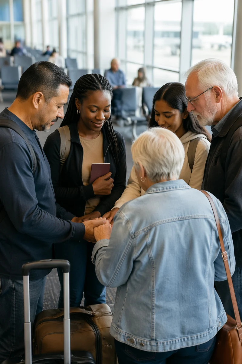 Mission Team Praying at Airport Gate