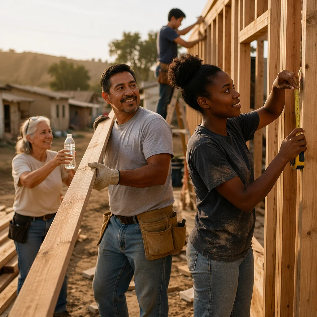 Volunteers Building Wooden House Frame Together