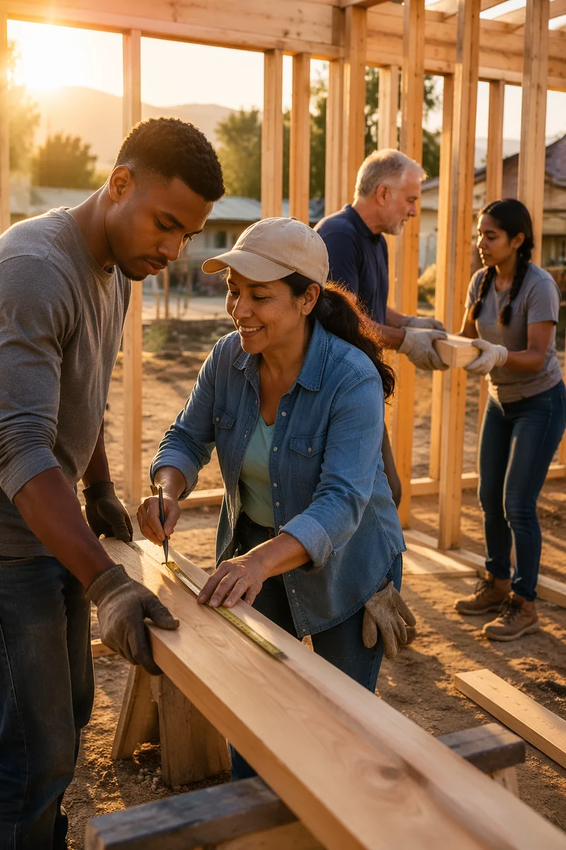 Volunteers Building House Frame at Sunrise