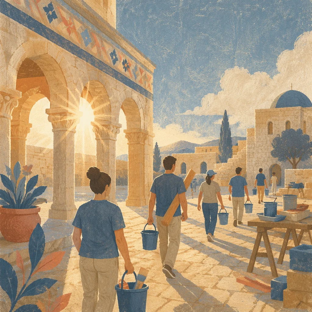 Mission Volunteers in Sunlit Stone Courtyard