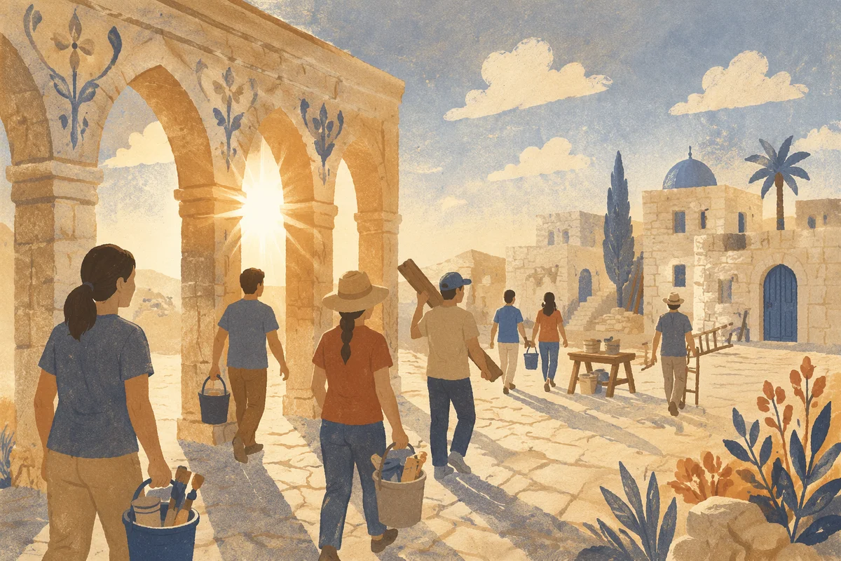 Mission Volunteers Building in Sunlit Stone Courtyard