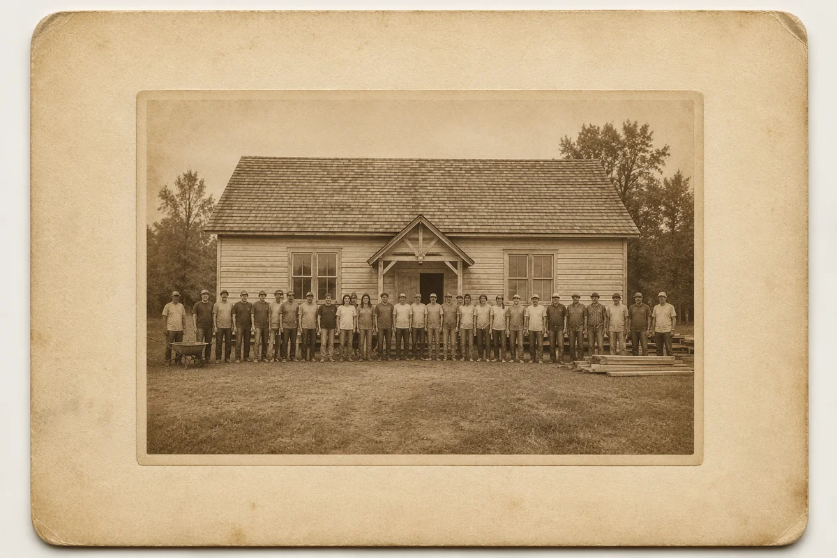 Mission Trip Team Outside Rural Church Building
