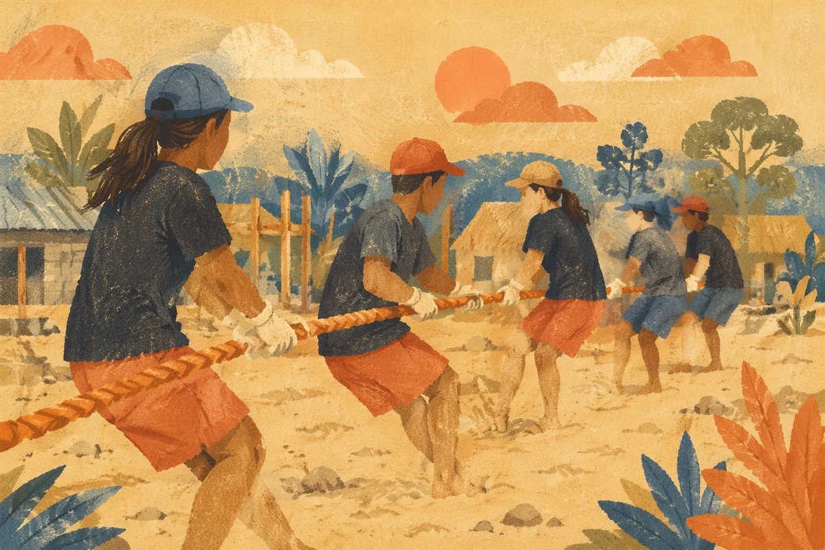 Mission Team Pulling Rope at Building Site