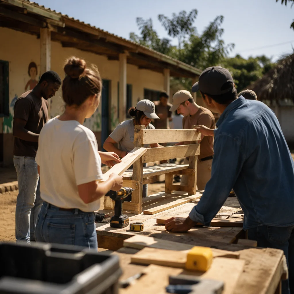 Mission Team Building a Courtyard Bench