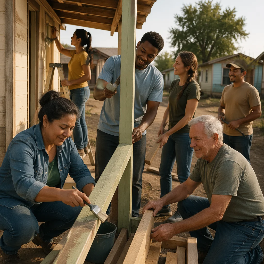 Mission Trip Team Repairing Rural Porch