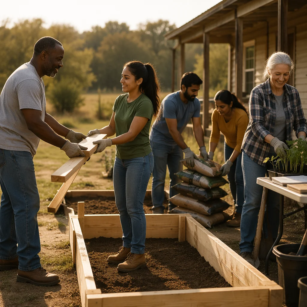 Volunteers Building Community Garden Bed Together