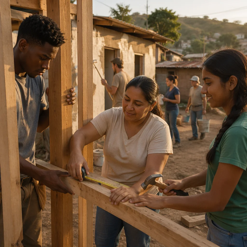 Volunteers Building Wooden Frame Outdoors