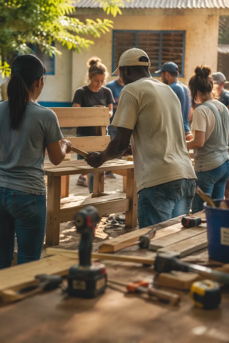 Mission Team Building a Courtyard Bench