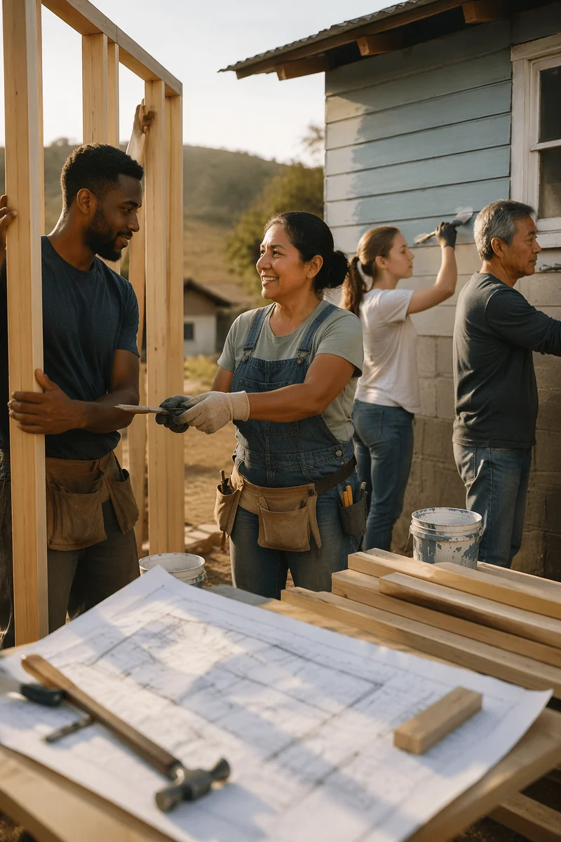 Volunteers Building Beside Rural Home