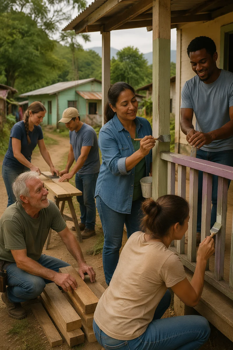Volunteers Repairing Small Porch Together Outdoors