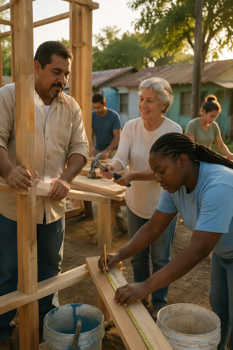 Volunteers Building Wooden Frame Outdoors