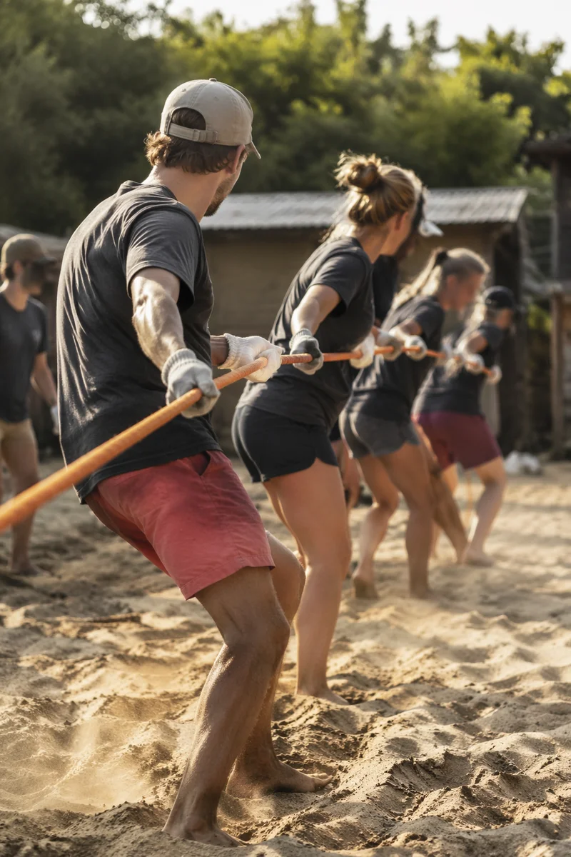 Mission Trip Volunteers Pulling Guide Rope Together