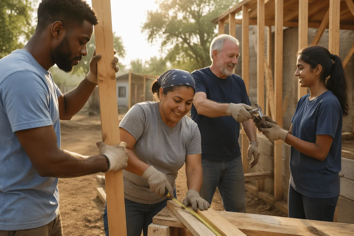 Volunteers Building Wooden Frame Outdoors