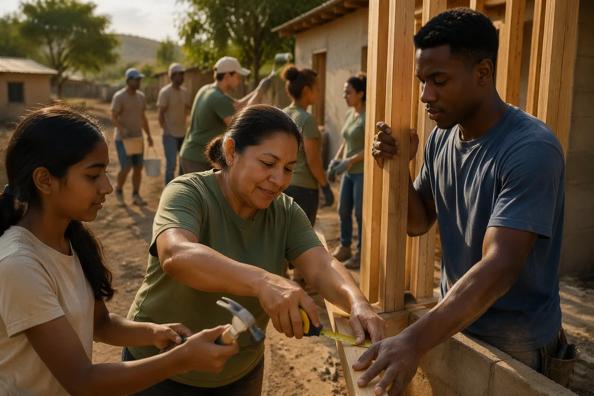 Volunteers Building Wooden Frame Outdoors
