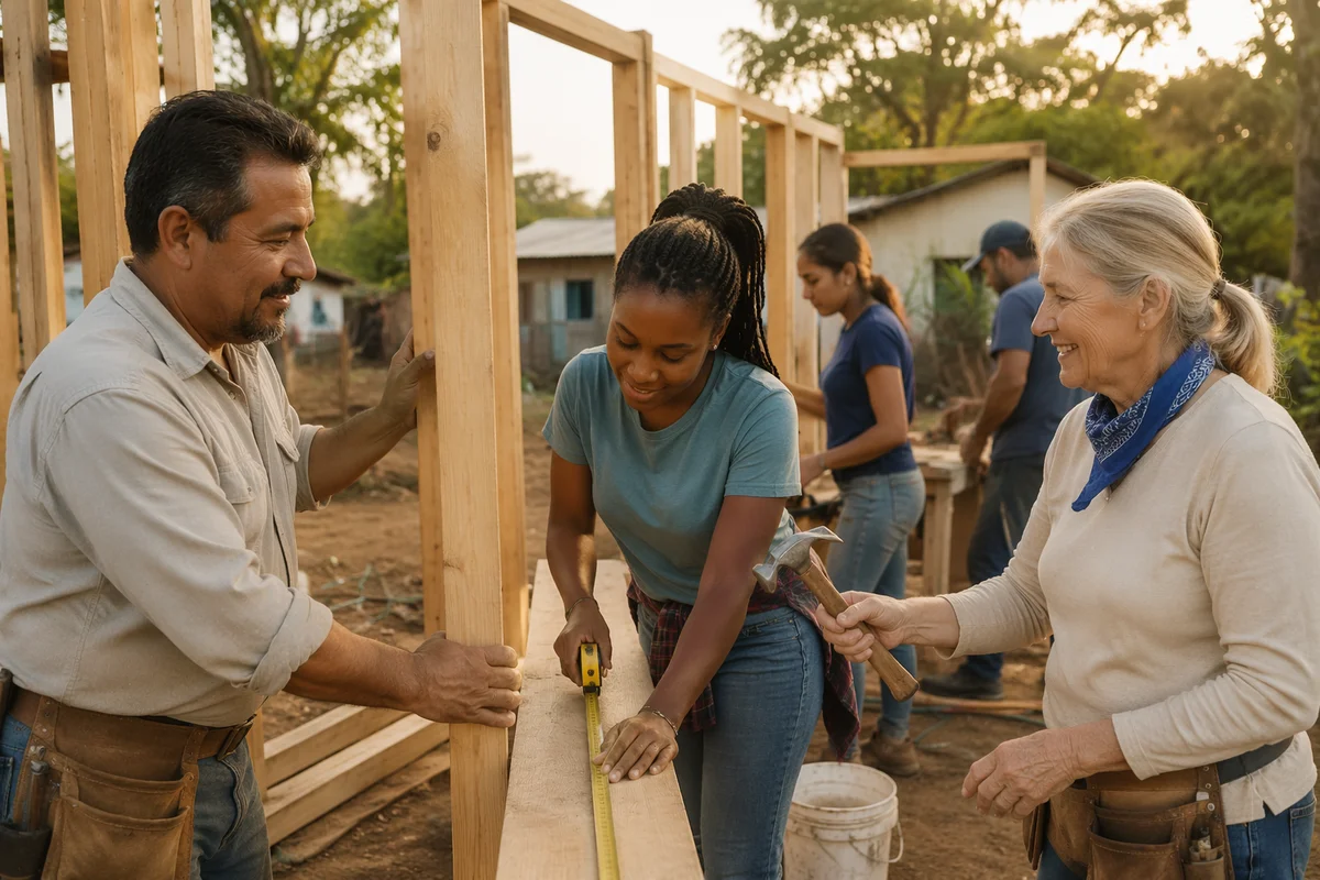 Volunteers Building Wooden Frame Outdoors Together