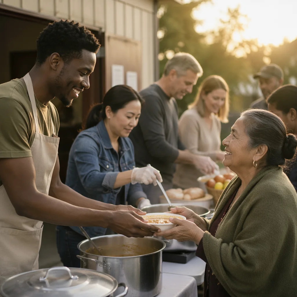 Mission Volunteers Serving Food at Golden Hour