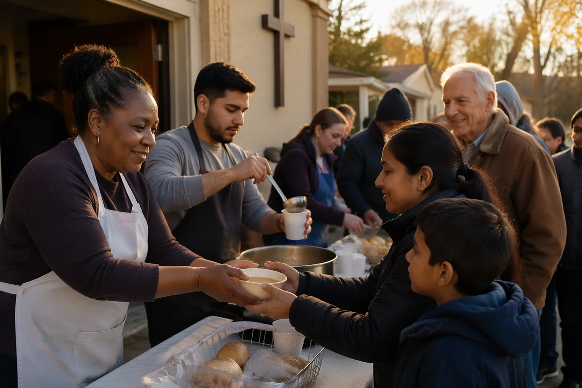 Volunteers Serving Meals Outside Church Hall