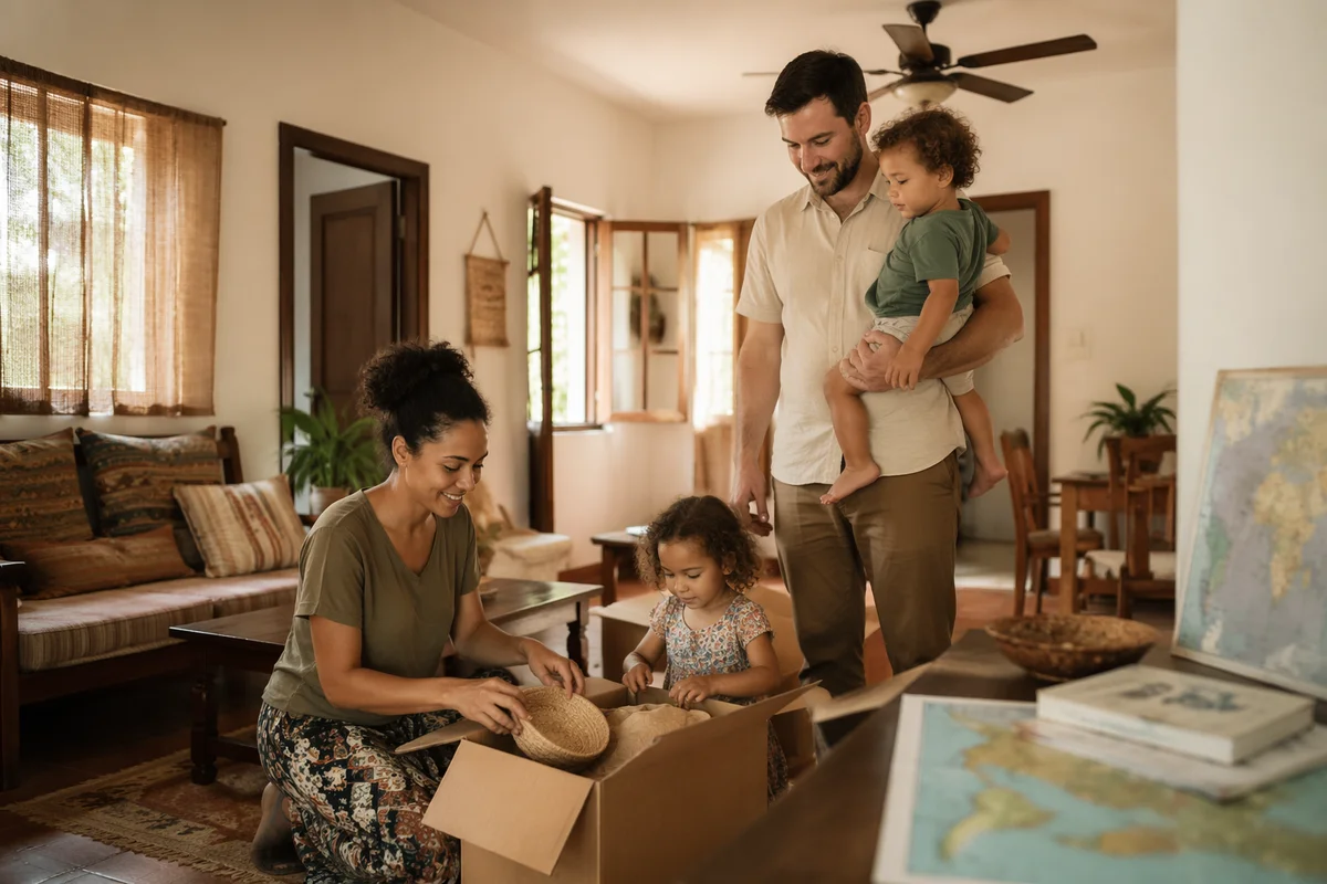 Family Unpacking in Bright Living Room