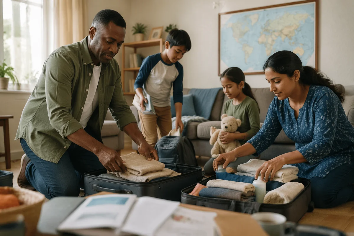 Family Packing Suitcases in Sunlit Living Room