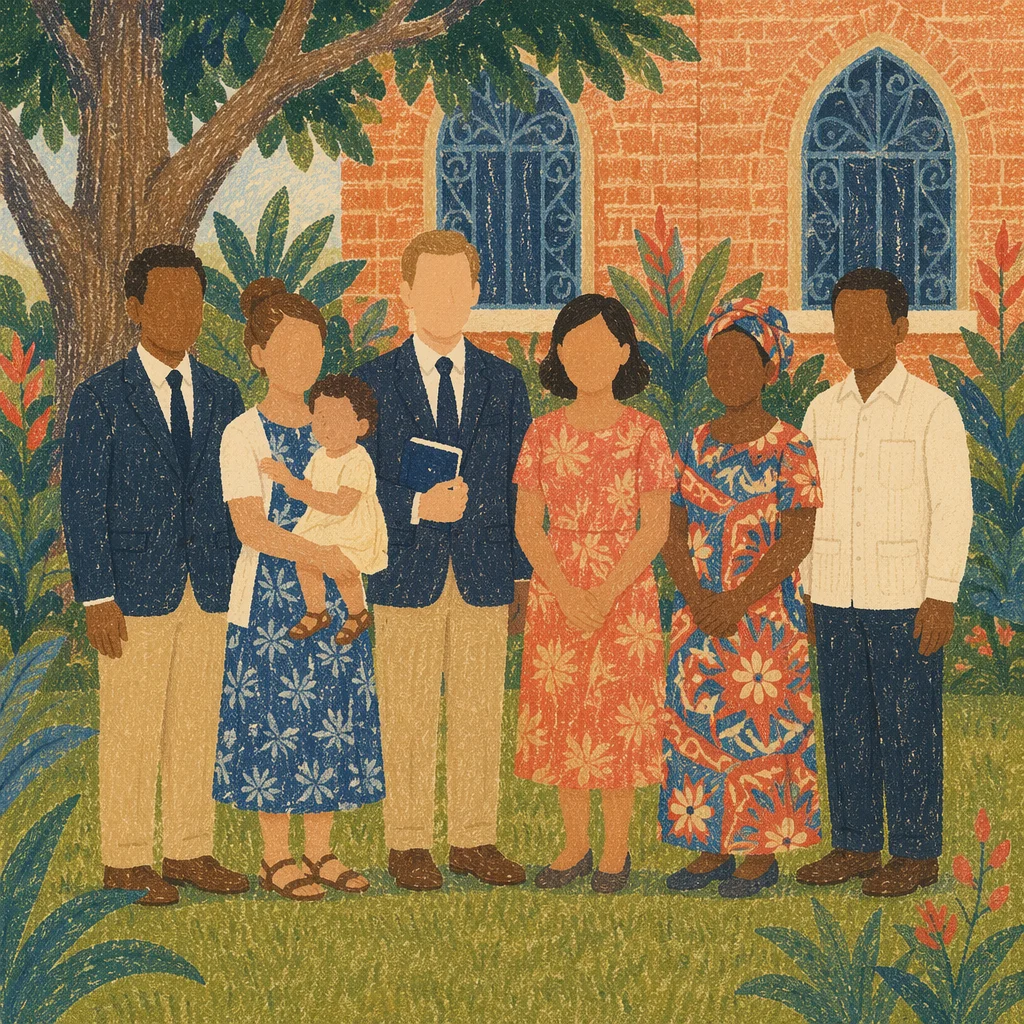 Diverse Missionary Family in Church Courtyard