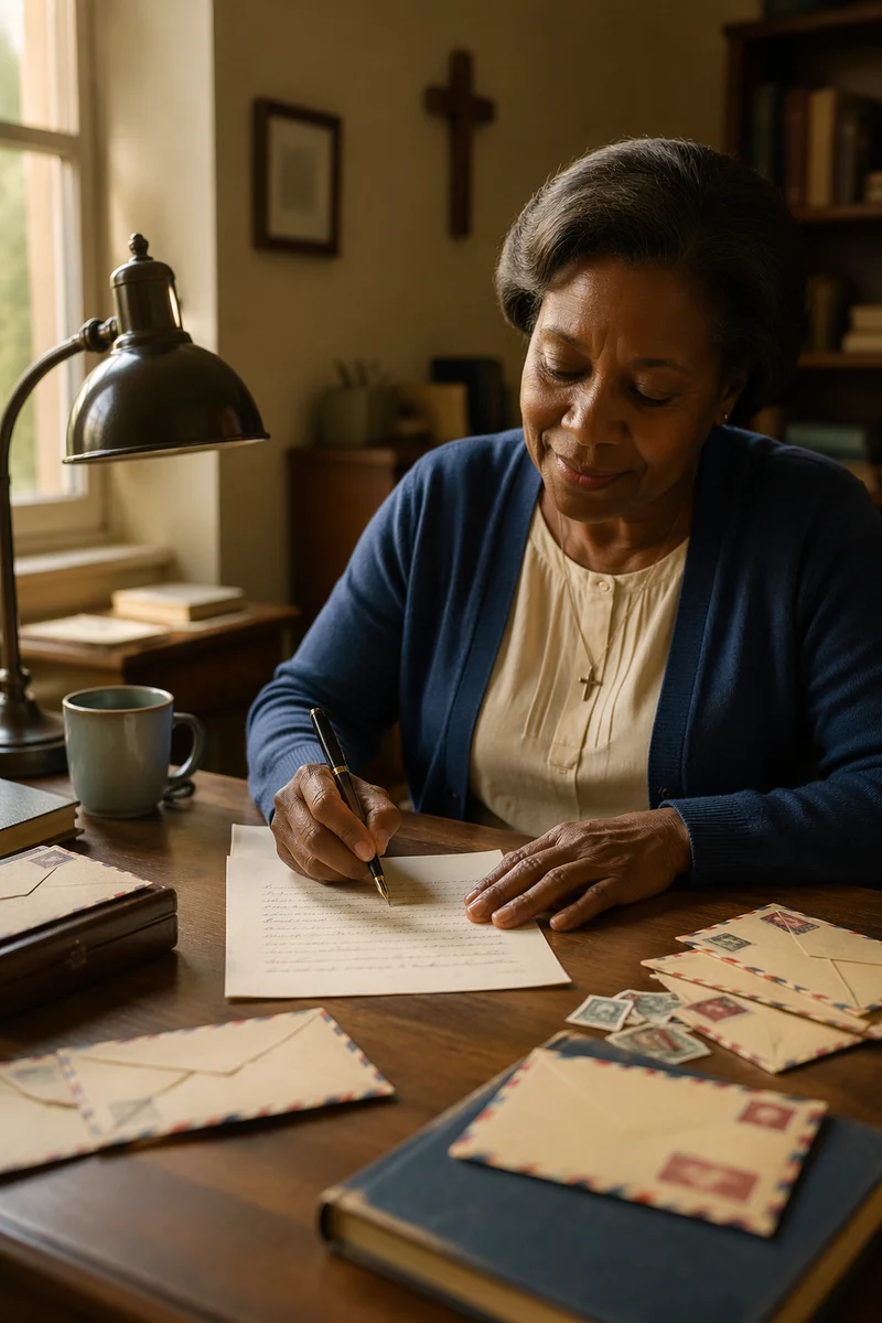 Woman Writing Letter at Wooden Desk